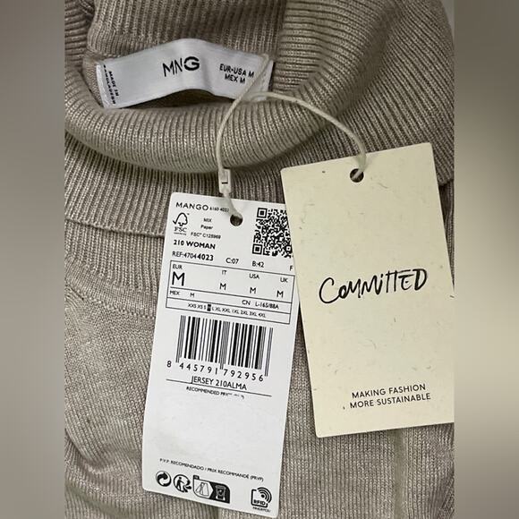 Mango NWT Committed Beige Turtleneck Short Sleeve Sweater Top Women's Medium - Picture 2 of 7